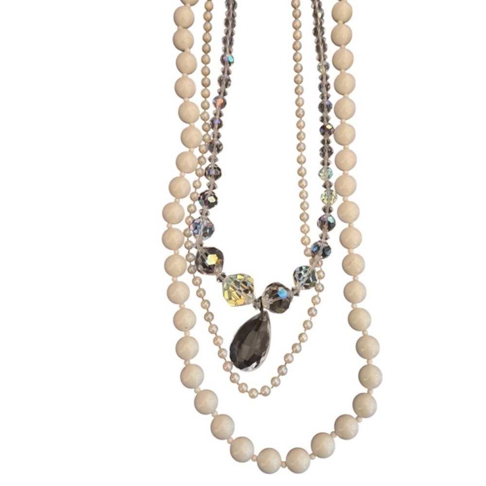 Vintage Multi Strand Faux Pearl & AB Crystal Teardrop Pendant Necklace Cream